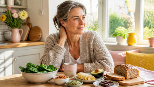Midlife woman at a sunny kitchen table with magnesium-rich foods: spinach, almonds, pumpkin seeds, avocado, banana and dark chocolate