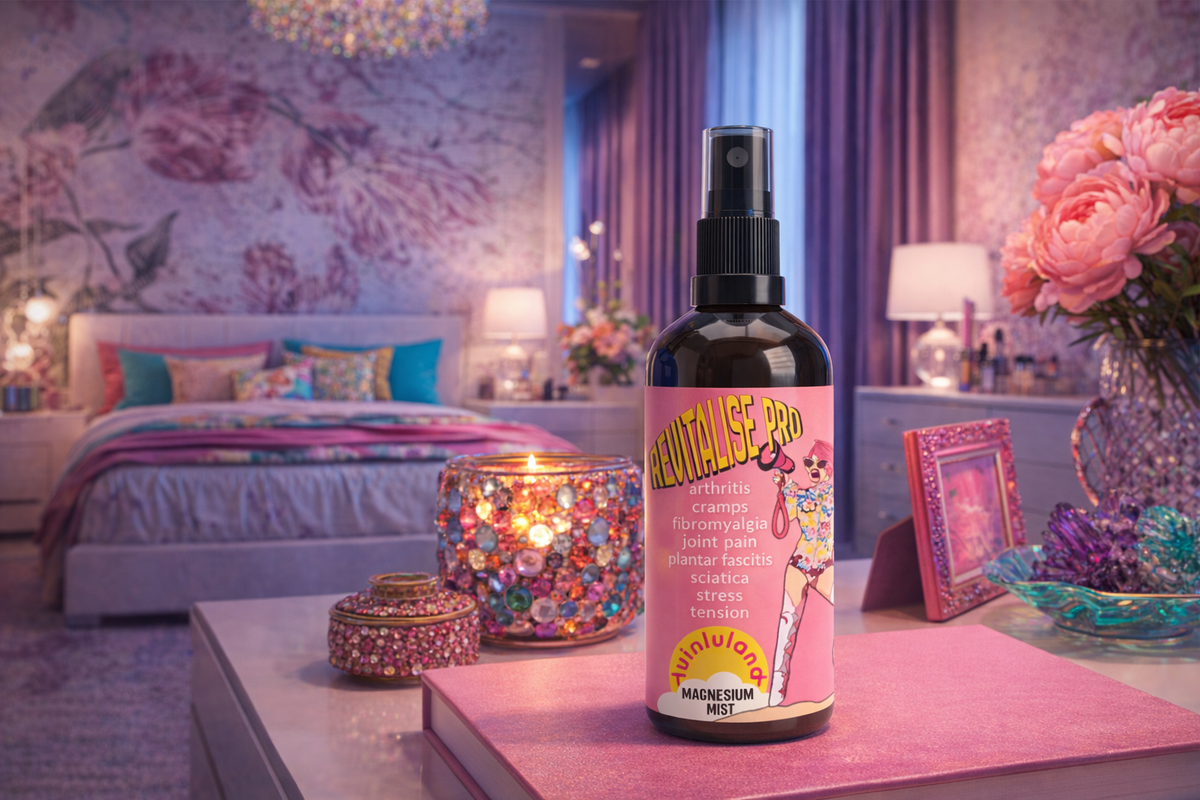 Revitalise Pro magnesium body mist in a bedroom setting