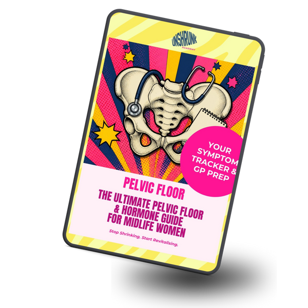 The Ultimate Pelvic Floor & Hormone Guide bonus: Your Symptom Tracker & GP Prep shown on a tablet (angled)
