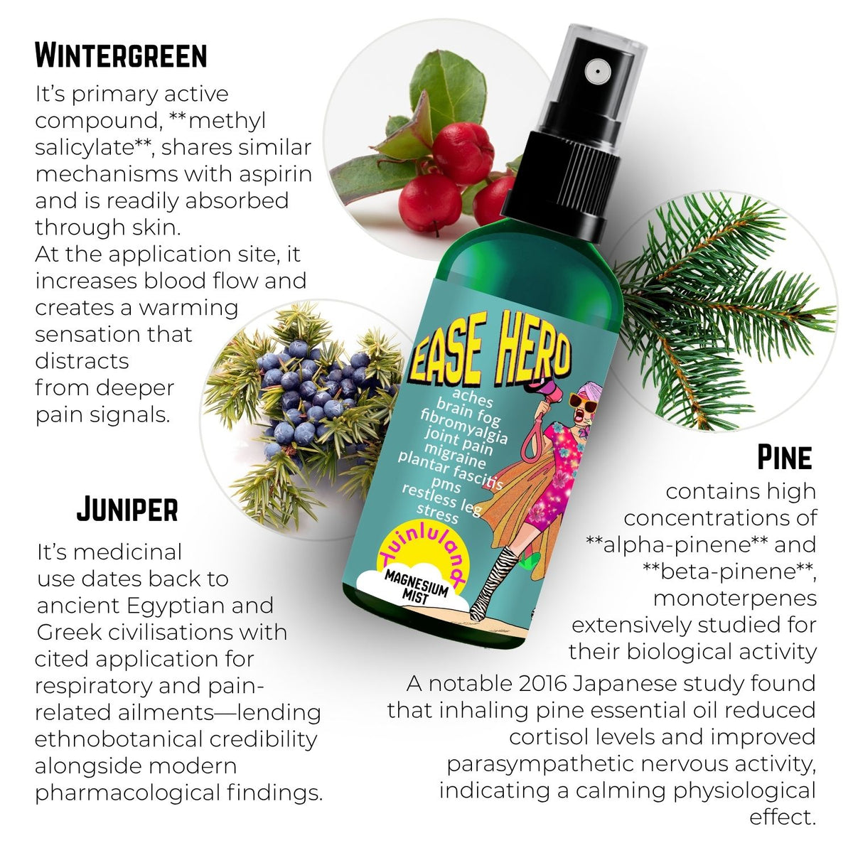 Ease Hero ingredients graphic: magnesium chloride with wintergreen, pine, juniper and camphor