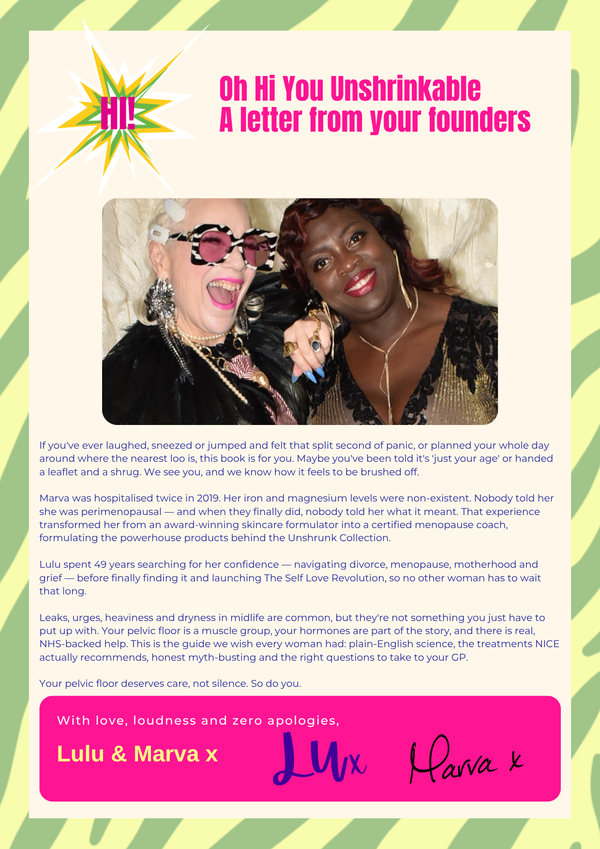 A page from The Ultimate Pelvic Floor & Hormone Guide: the founders' letter from Lulu and Marva